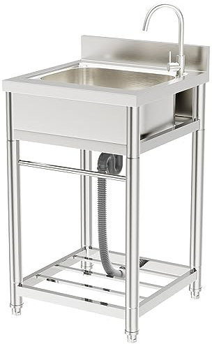 ROOMTEC 304 Stainless Steel Single Bowl Utility Sink Set, Commercial Restaurant Kitchen Sink, Outdoor Sink with Workbench & Storage Shelve with Hot and Cold Water Pipes (22 in)