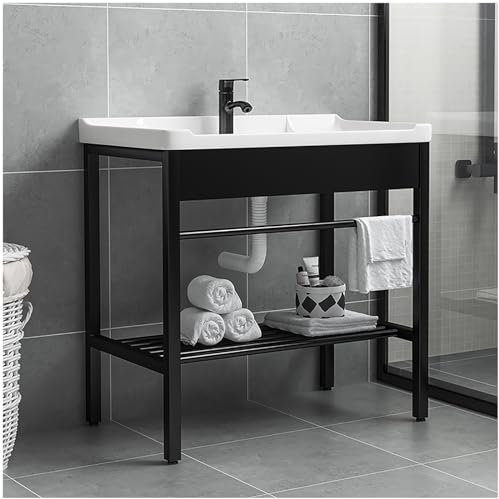 Lavello Esterno Cucina,Lavatoio Lavanderia,Bianca Lavandini Da Bagno In Ceramica,Lavabi Autoportante,Mano Lavandino Portatile Con Rubinetto,Lavabo Con Nero Acciaio Inox Staffa,Per Giardino Campeggio (
