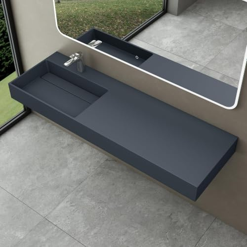 doporro Lavabo da Appoggio o Sospeso Rettangolare 150x48x13 cm per Bagno | Lavandino per Bagno in Marmo Resina, Colore Antracite, Finitura Opaca, Foro per Rubinetto, Piletta di Scarico Inclusa