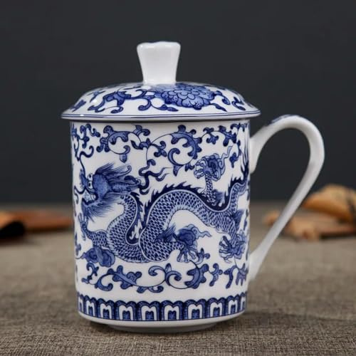QQLADY Taza de té de Porcelana Azul y Blanca con Tapa, Taza de Porcelana de Hueso para el hogar, Taza Personal de Oficina