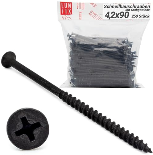 Vis placo à fixation rapide 4,2x90 mm 250 pièces, cloison seche | auto perceuse, plaques platre, ossature metal, filetage grossier, tete trompette, placoplâtre, noir, Lun Fix