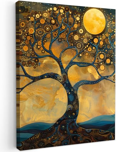 MuchoWow© Leinwand Bilder 50x70 cm Wanddeko Wohnzimmer Aesthetic Room Decor Deko Zimmer Wandbilder Modern Bild auf Leinwand Baum - Mond - Blumen - Gold - Kunst