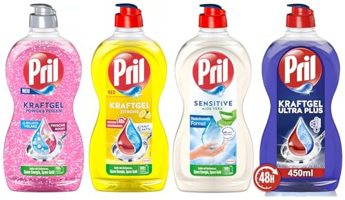 PRIL-Set Kraftgel 1x Power & Perlen Granatapfel & Orangenblüte & 1x Zitrone & 1x Ultra Plus & 1x Sensitive Aloe Vera, Handgeschirrspülmittel-Set mit hoher Fettlösekraft, 4x 450ml