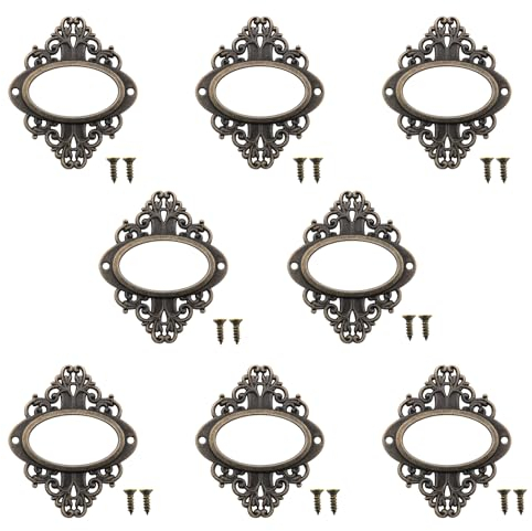 JianLing Etikettenhalter aus Metall, Vintage-Stil, mit Schrauben, 56 x 66 mm, für Regale, Aktenschränke, Büros, Bibliotheken, Möbel, Schubladen, Spitze, Visitenkartenrahmen, 8 Stück
