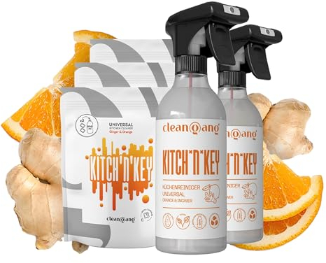 Cleangang Küchenreiniger Universal - Fettlöser für die tägliche Reinigung in der Küche - 2x Sprühflasche + 3 x 6 Nachfüllcaps
