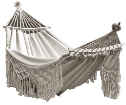 JUNYFFF Hängematte Outdoor Baumwolle 300 X 150 cm, Doppelhängematte Stabhängematte Für Indoor Outdoor Balkon Garten Camping Strand, Tragbar Und Atmungsaktiv, 300Kg Tragkraft,Weiß