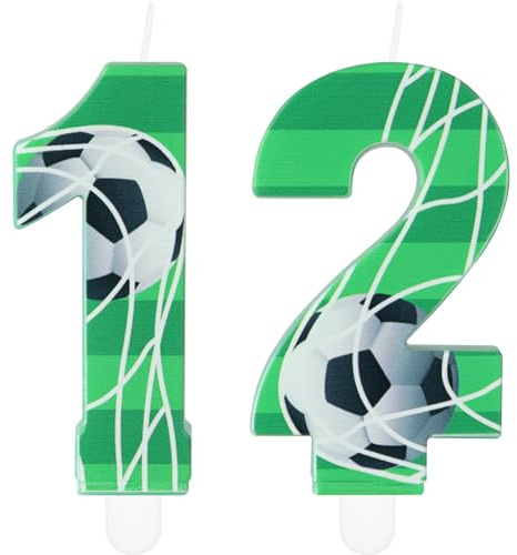 mciskin Candele di compleanno con numero di calcio, numero 12 per torta, decorazioni per feste di compleanno a tema calcio per ragazzi, decorazioni per torte