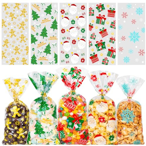Riceduo 100 Stück Weihnachten Cellophantüten, Weihnachten Süßigkeiten Tüten, Kekse Goody Taschen mit 100 Stück Twist Krawatten, Zellophantüten Klein für Plätzchen Snacks Pralinen (5 Stilen)