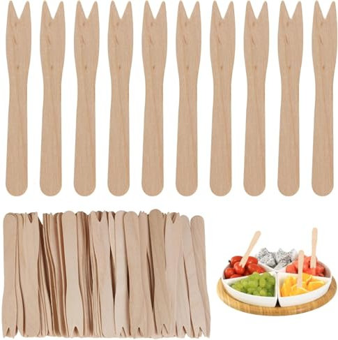 SHSHbuy 200 Pezzi Forchette Di Legno per Patatine,Forchetta in Bambù,Forchette Frutta,Forchette da Cocktail,Posate in Legno per Feste, Campeggio, Viaggi e Barbecue 8,5CM