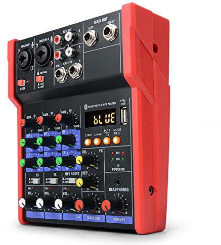 CVNIMV Mezclador de DJ Profesional de 4 Canales con Bluetooth, grabación USB, computadora doméstica, pequeña Tarjeta de Sonido en Vivo, Mezclador de Audio con reverberación par