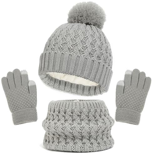 Kinder Strickmütze + Loop Schal + Handschuhe Set, Baumwollmütze Junge Mädchen Weich Kinder Beanie Mütze Nackenwärmer Halsbänder Halstuch Handschuh für Herbst Winter (X-01-Grau, 1-6 Jahre)