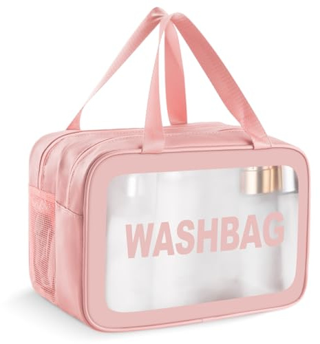 Boic Kosmetiktasche Durchsichtig, Kulturtasche Damen, Kosmetiktasche Groß | Kulturbeutel Herren Durchsichtige Tasche Waschtasche Tragbare Makeup Bag Für Männer Frauen Kinder Familie (Rosa, L)