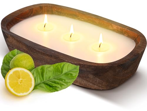 Threlaco 1 Pack 10 Inch Wood Dough Bowl Candles Home Rustic Dough Bowl Soy Candle 3 Wick Scented Candles Gifts for Men Women Farmhouse Table Centerpiece Home Decor for Christmas(Lemon Basil & Citrus)