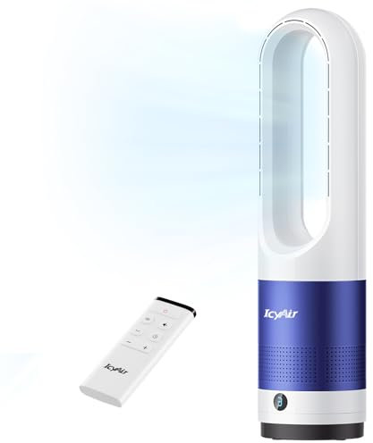 IcyAir Ventilateur Sans Pale, Ventilateur Colonne Silencieux avec Télécommande, 8 Vitesses, Oscillation à 90°, Minuterie 9 Heures, Affichage LED, Ventilateur Tour pour Chambre, Bureau