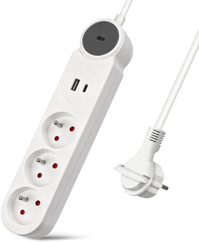 Extrastar Multiprise 3 Prises et Une Prise USB et Une Prise de Type C Chargeur,Bloc Multiprises avec Interrupteur, Rallonge 3m 230 V avec sécurité Enfant pour Maison, Bureau, Blanc