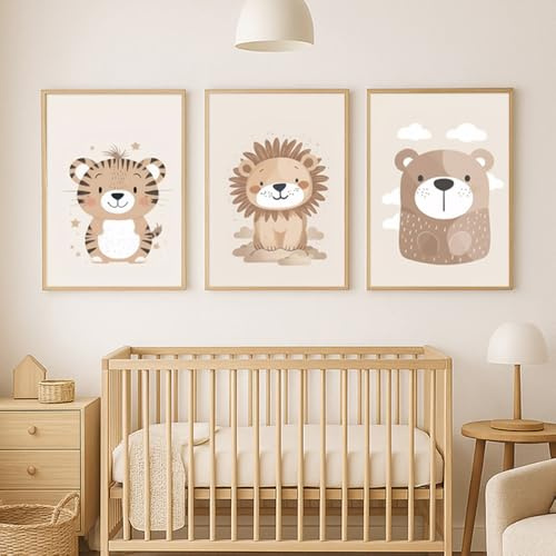 3 poster Tiere Babyzimmer Löwe Teddy Tiger 30x40 cm Bild Tiere Safari Savanne Beige Kinderwanddekoration Geschenk