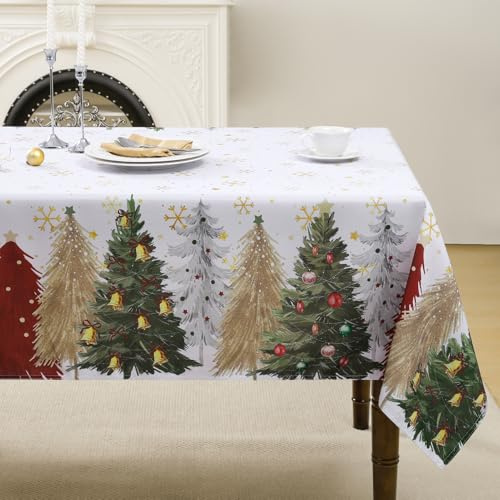 FIBORIA Tischdecke Weihnachten weiß 180x140 cm rechteckig Weihnachtstischdecke abwaschbar & wasserabweisend, Weihnachtsbaum & goldene Schneeflocke Tischtuch für Winter,Silvester,Festliche Dekoration