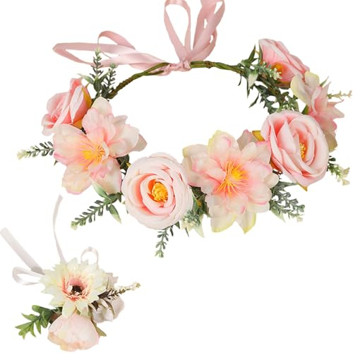 Sikweny Couronne Fleur Cheveux avec Bracelet Couronne de Fleurs Cheveux Forme Ajustable Serre Tete Enfant Convient à la Plupart des Tours de Tête pour Plage Fête Mariage Lune Miel Festival