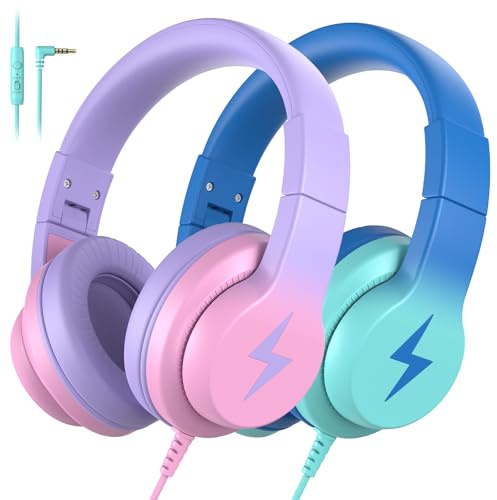 2 Pack Kids Headphones, Wired Headphones for Kids Over Ear with Microphone, 85/94dB Volume Limiter Headphone for Girls Boys, Foldable Headphone for Learning & Entertainment Gradient Blue and Red