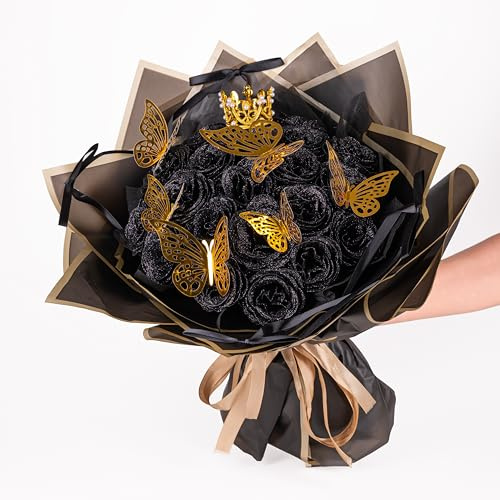 Joomsical Glitter Roses Bouquet, 24 Roses DIY Fake Flowers Bouquet, Everlasting Shiny Artificial Rose Bouquet, Valentine's Day, Anniversary, Engagement, Wedding, Black