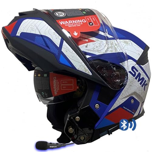 Casco de Moto Modular SMK Gullwing Navigator Bluetooth Sena 3SPlus Integrado - Abatible con Visor Solar Azul Rojo - Homologado P/J ECE 22.06 - Designed