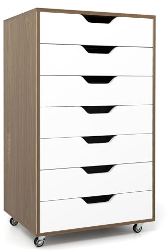GIANTEX Mobil kontorslåda 7 kontorslådor, kontorsskåp rullförvaring, skrivarhållare för mappar, dokument, papper, 49 x 40 x 87 cm (vit + naturlig)