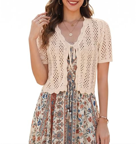 LYNYMUA Boléro en tricot pour femme - Cardigan ouvert à l'avant - Cardigan en tricot - Manches courtes - Ouvert à l'avant