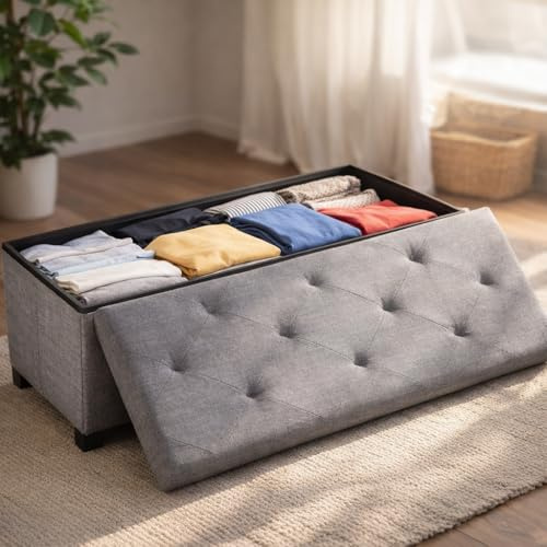 DUMOS Sitzbank mit Stauraum, Aufbewahrungsbox mit Deckel, 110 x 38 cm Truhenbank mit Stauraum, Sitzhocker mit Stauraum, bis 150 kg Belastbar, Fusshocker für Wohnzimmer Schlafzimmer Schlafsaal, Grau