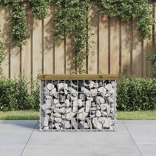 Teenpull Gabion Garden Bench, 63 x 31.5 x 42 cm, Impregnated Pine Wood, Robust Galvanised Steel, Weatherproof for Garden, Patio, Outdoor Use