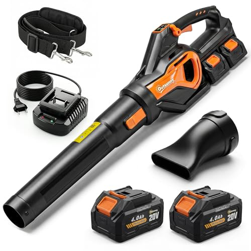 Outsunny Aspirador de hojas inalámbrico de 20 V, con 2 baterías de 4,0 Ah y cargador Turbo-Boost 162,7 km/h, velocidad de soplado, potencia de succión de 912 m³/h, 3 modos de flujo de aire, correa