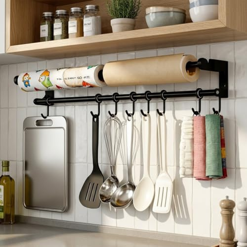 HSUYUN 80 cm Barra Portautensili Cucina, Nero Barra Porta Utensili | Appendi Mestoli da Cucina in Acciaio al Carbonio Con 8 Ganci, Barra Porta Utensili da Cucine Salvaspazio, per Cucinas e Bagno