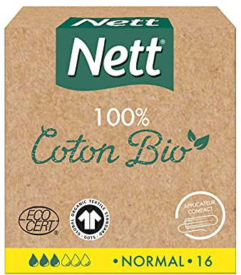 Nett – Tampons 100% Coton Bio Normal Avec Applicateur (boîte de 16 pièces) – Tampons en coton non blanchis au chlore et sans parfum – Hypoallergéniques avec rainures incurvées