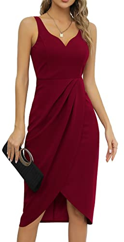 Missufe Cocktailkleid Elegant Partykleid Kleider Rockabilly Wickelkleid Damen Elegant Bodycon Vintage Kleider (Burgunderrot, Mittel)