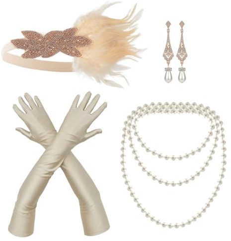 NITAIUN 4 Teiliges 20er Jahre Accessoires, 1920s Flapper Great Gatsby Accessoires,Charleston Kostüm 1920 Zubehör-Set, Stirnband Handschuhen Halskette Ohrringen, for Roaring 20s Party Prom