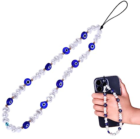 Beaded Phone Charm, Evil Eye Lanyard Wrist Strap, Gemstone Handmade Chain Keychain for Men Women Girls Cell Phone (Heart)