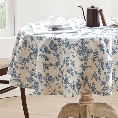 Aoztio Rustikale Blume Drucken Tischdecke Rund 120cm, Maschine waschbar Baumwolle Leinen Tischdecke, Indoor Outdoor Vintage Tischdecken für den täglichen Gebrauch - Blaue Blume, Rund 120cm