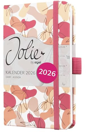 SIGEL J6358 Wochenkalender 2026 ca. A6, pink, Hardcover, Gummiband, Stiftschlaufe, Einstecktasche, 174 Seiten, vegan, aus nachhaltigem Papier, Terminplaner Taschenkalender Jolie
