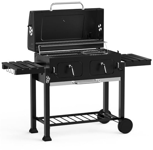 onlyfire Barbecue a carbonella a Carbonella, Carrello per Barbecue, Grande Barbecue a Carbonella con Coperchio, Ruote, Griglia in Acciaio Inox, Piastre di Copertura, Cassetto a Carbonella Regolabile