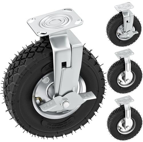 10 inch Casters Wheels, Heavy Duty Casters Set of 4 Load 1300lbs with Brake, Locking Swivel Plate Caster, Industrial Castor Wheels for Workbench, Cart, Trolley, Wagon and Shelves