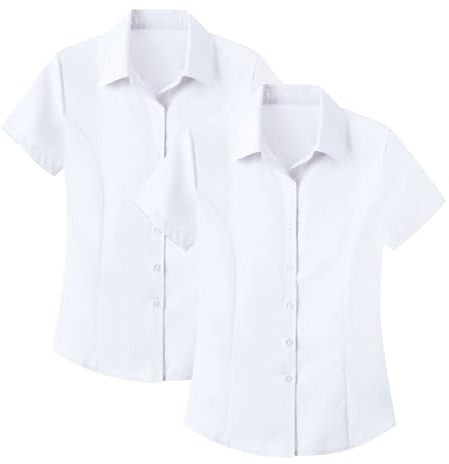2 Pack Work Shirts for Women Business Casual Office Wear Professional Job Interview Clothes 4-Way-Stretch Fitted Short Sleeve Button Down Wrinkle Free Non Iron Formal Smart Oxford Dress Shirts
