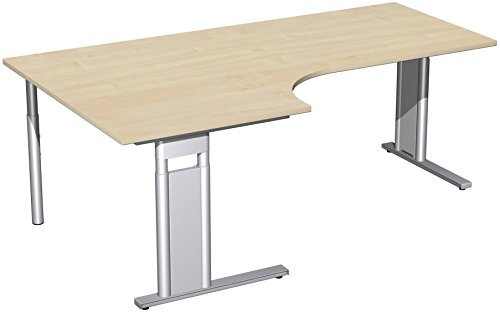 Geramöbel PC-Schreibtisch links höhenverstellbar, C Fuß Blende optional, 2000x1200x680-820, Ahorn/Silber
