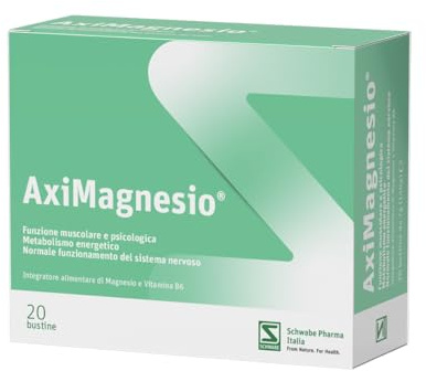 Aximagnesio Integratore Alimentare di Magnesio ad Alta Biodisponibilità da 8 Fonti di Magnesio con Vitamina B6, 20 Bustine, 300 mg per Bustina