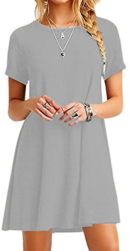 EFOFEI Damen Sommer Einfaches Rundhalsausschnitt Kleid Casual Shirt Kleid Rüschen Kleid Hellgrau 2XL