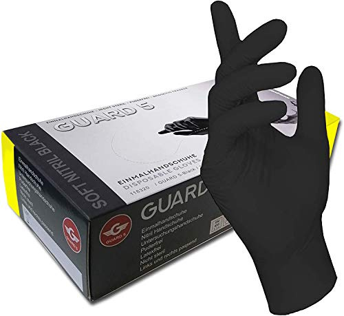 200 Stck - Einweghandschuhe von GUARD 5 - Schwarze Nitril-Handschuhe puderfreie Tätowierhandschuhe Kochhandschuhe (9 / L)