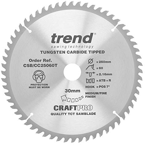 Trend Wood Cordless ATBR Gehrungssägeblatt, 250 mm Durchmesser, 30 mm Bohrung, 60 Zähne, 2,2 mm Schnittfuge, +7° Haken, TCT, feine Oberfläche, CSB/CC25060T