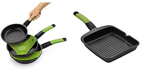Bra Prior -Set de 3 sartenes, 20-24-28 cm, aluminio fundido con antiadherente + PRIOR Grill asador con rayas, aluminio fundido con antiadherente Teflon Classic, 28 cm