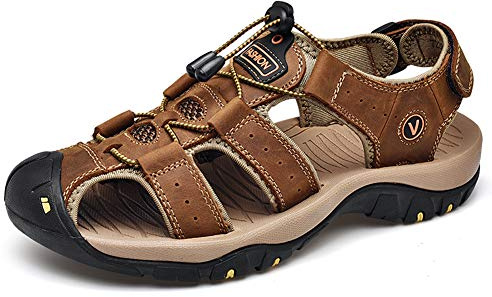 Lilychan Herren Walking Outdoor Sommersandalen Leder Atmungsaktive rutschfeste Wandersandalen Schutzkappe Geschlossene Zehen Fisherman Beach Schuhe (42 EU, Braun)