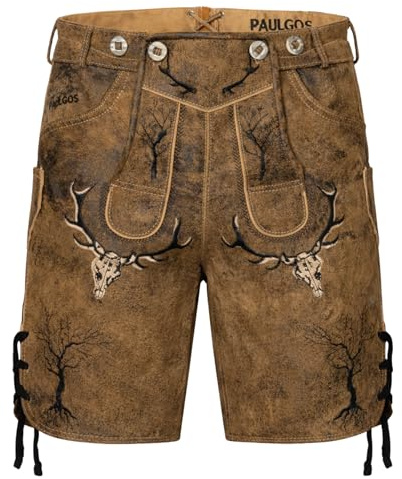 PAULGOS Herren Trachten Lederhose HK6 Antik + Träger, Echtes Leder, Gr. 44-60