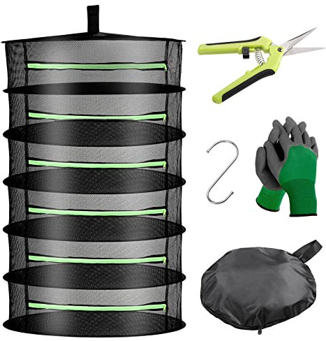 Uolor Malla Secado Hierbas, 6 Capas Negras Red De Secado Plegable, Secadora De Plantas De Red De Secado De Hierbas con Tijeras, Gancho En S & Guantes, para Secar Verduras, Carne, Hierbas, Pescado,etc