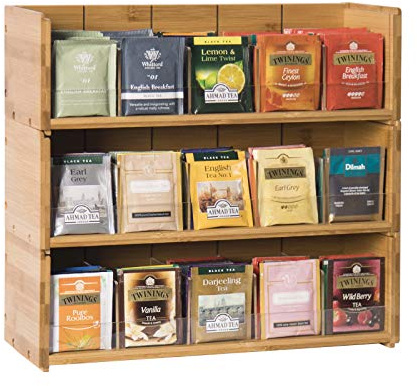 X-cosrack Bamboo Tea Bag Organizer Storage Box, 3 Tier Stackable Tea Bag Box Natural Wood, Wall Mount Tea Chests with Acrylic for tea bags Office Kitchen Cabinet Pantry